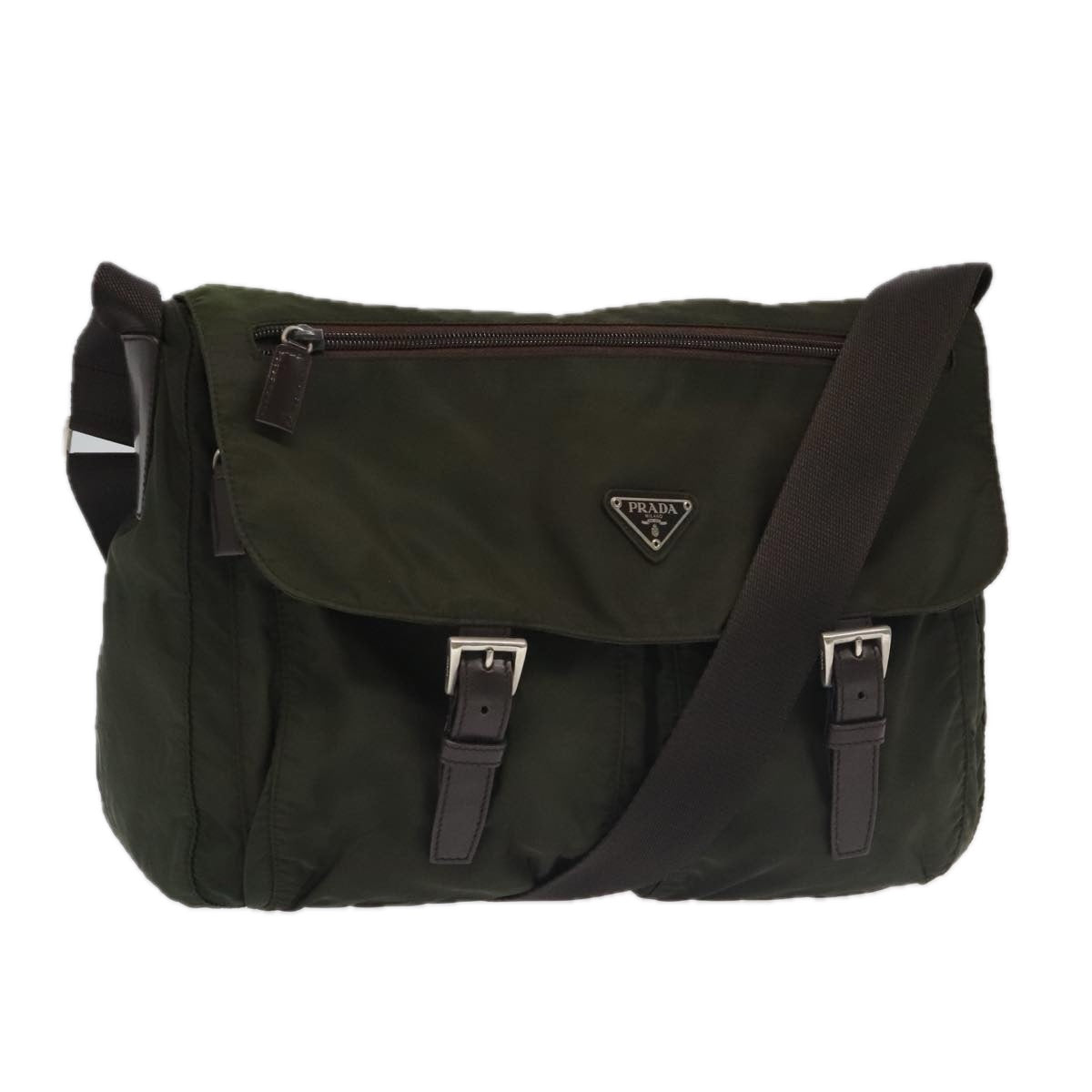 PRADA Shoulder Bag Nylon Khaki Brown Silver kk369