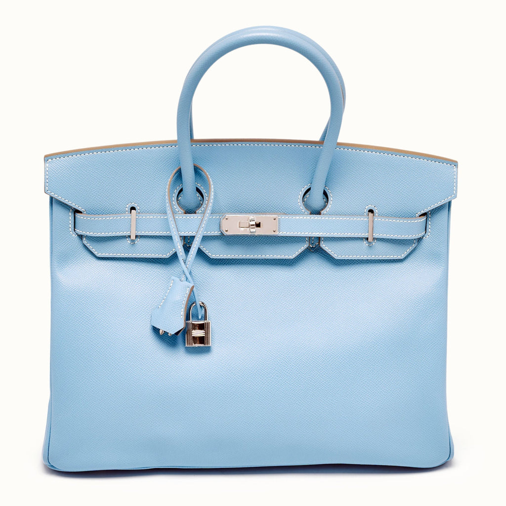 HERMES Bleu Celeste/Mykonos Epsom Leather Palladium Finish Candy Birkin 35 Bag