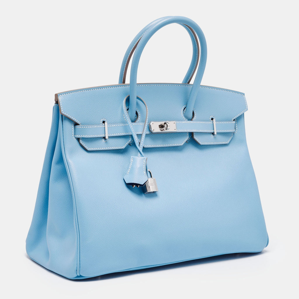 HERMES Bleu Celeste/Mykonos Epsom Leather Palladium Finish Candy Birkin 35 Bag