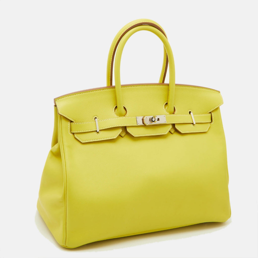 HERMES Lime Swift Leather Palladium Finish Birkin 35 Bag
