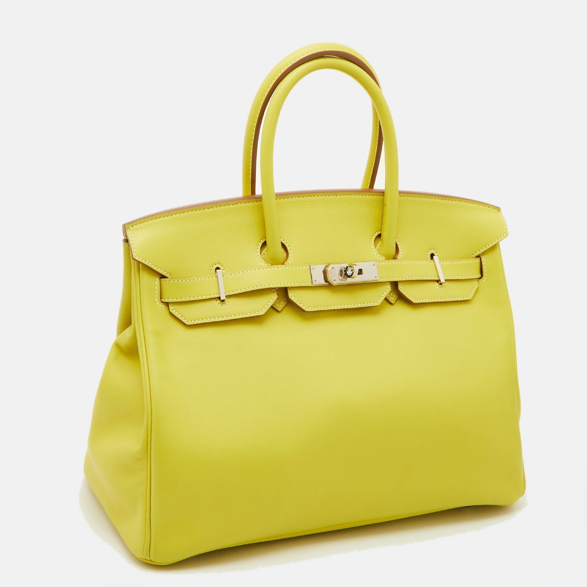 HERMES Lime Swift Leather Palladium Finish Birkin 35 Bag