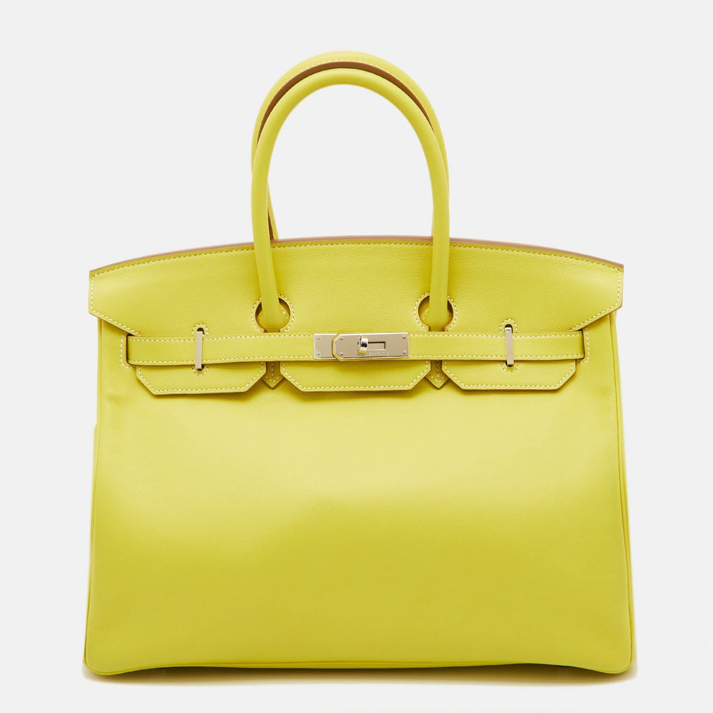 HERMES Lime Swift Leather Palladium Finish Birkin 35 Bag