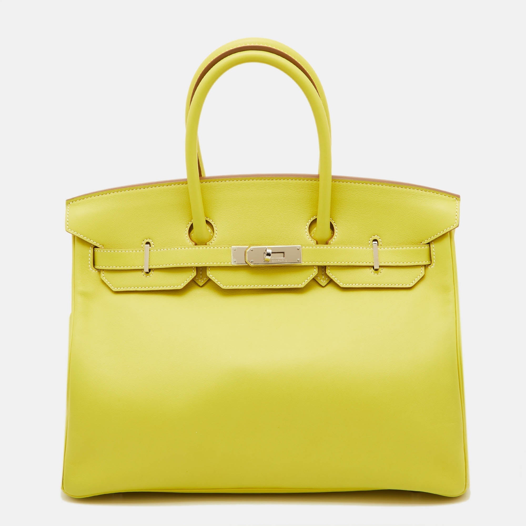HERMES Lime Swift Leather Palladium Finish Birkin 35 Bag