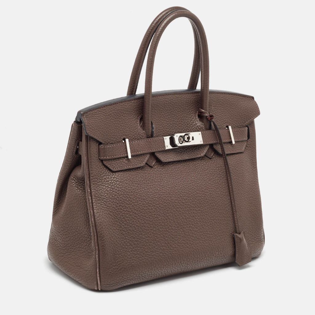 HERMES Chocolat Taurillon Clemence Leather Palladium Finish Birkin 30 Bag