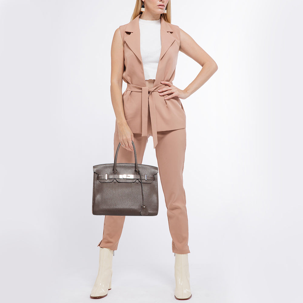 HERMES Chocolat Taurillon Clemence Leather Palladium Finish Birkin 30 Bag