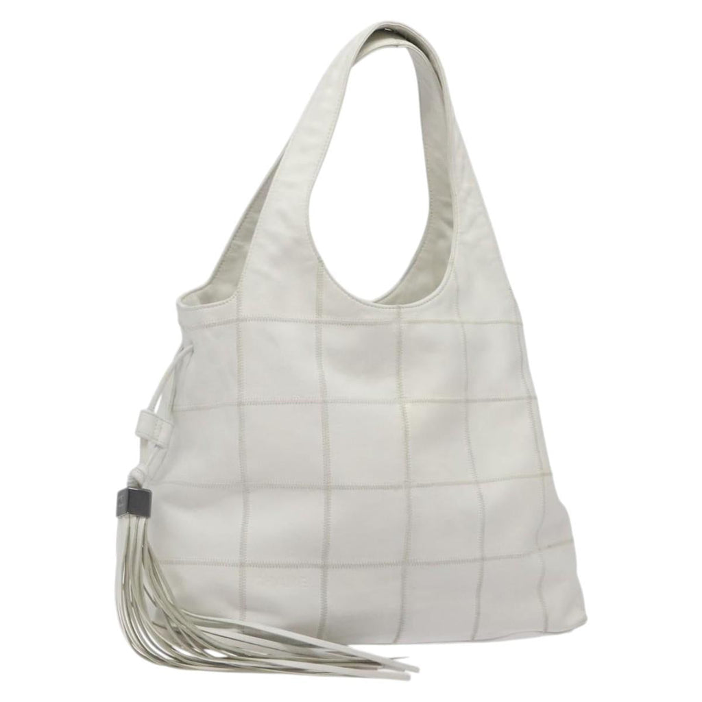 CHANEL Choco Bar Fringe Tote Bag Leather White Silver CC mr1367