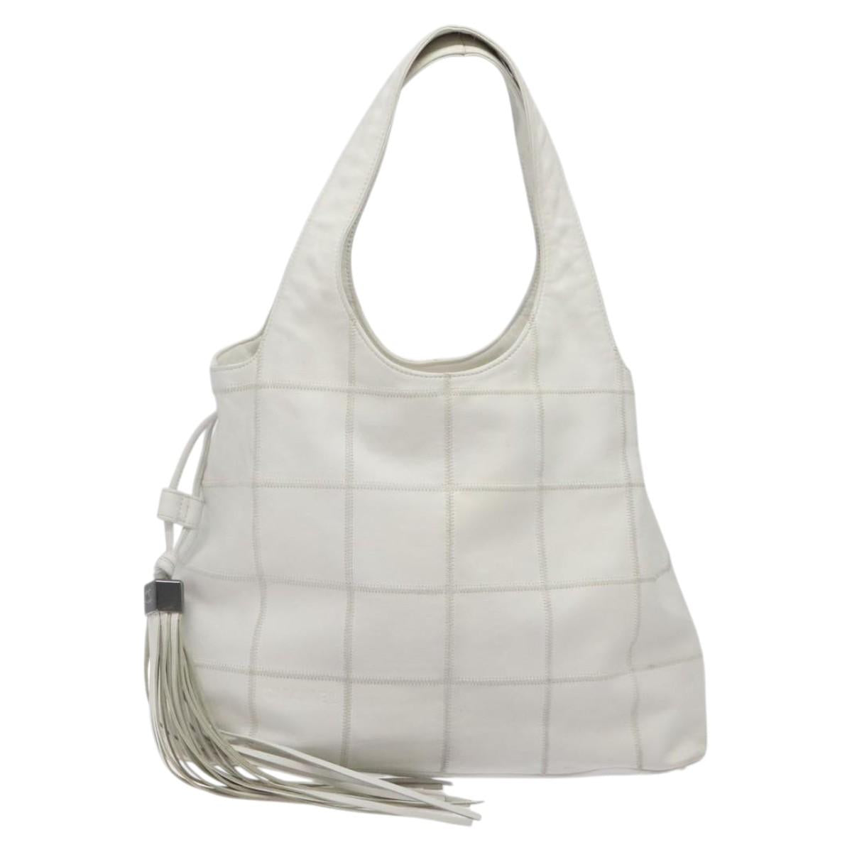 CHANEL Choco Bar Fringe Tote Bag Leather White Silver CC mr1367