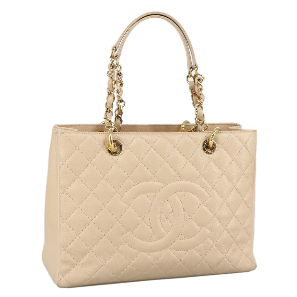 CHANEL Matelasse Chain Tote Bag Caviar Skin Beige Gold CC PP121V