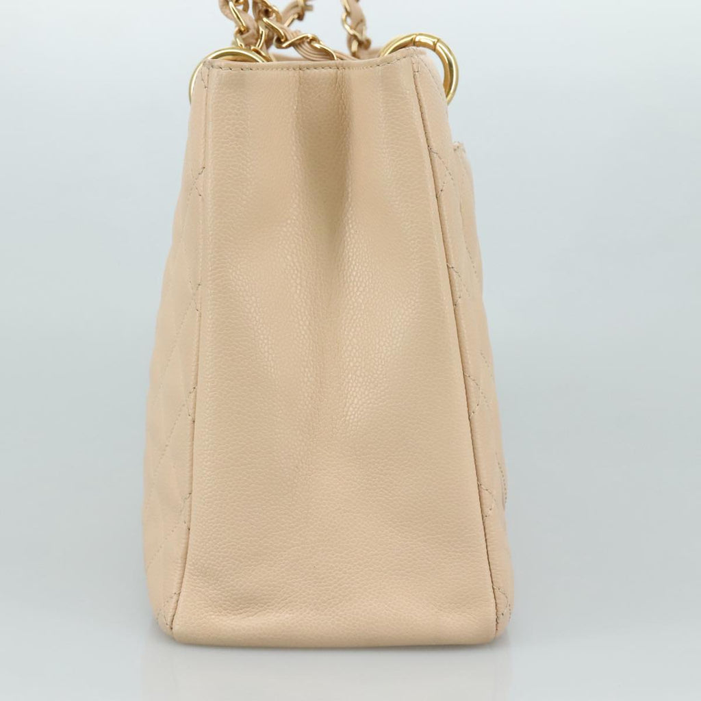 CHANEL Matelasse Chain Tote Bag Caviar Skin Beige Gold CC PP121V