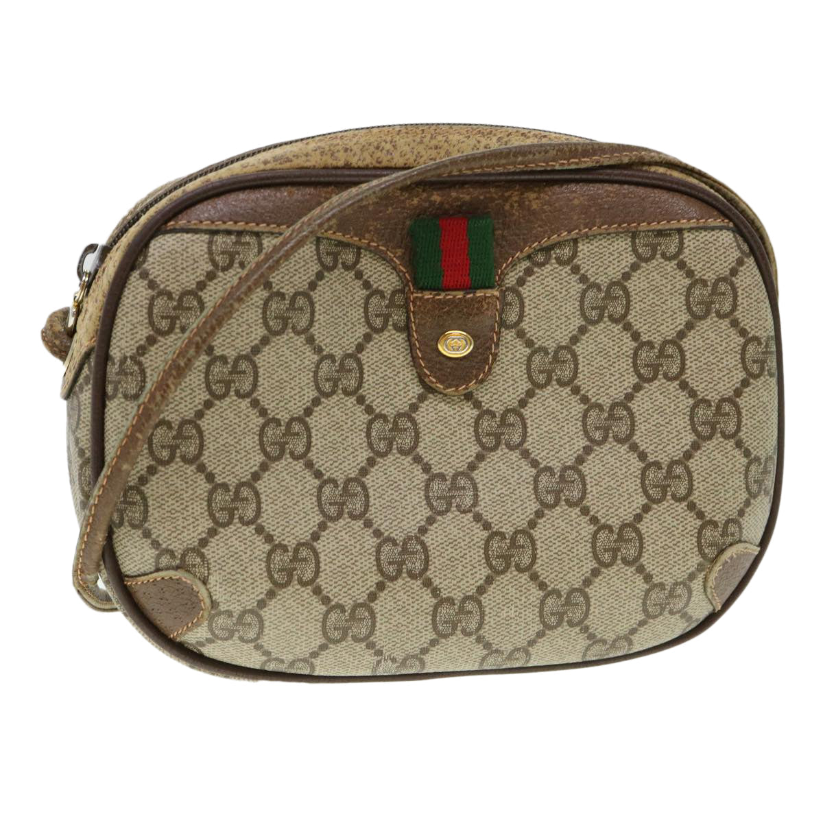GUCCI Web Sherry Line GG Canvas Shoulder Bag PVC Leather Beige Green rd4502