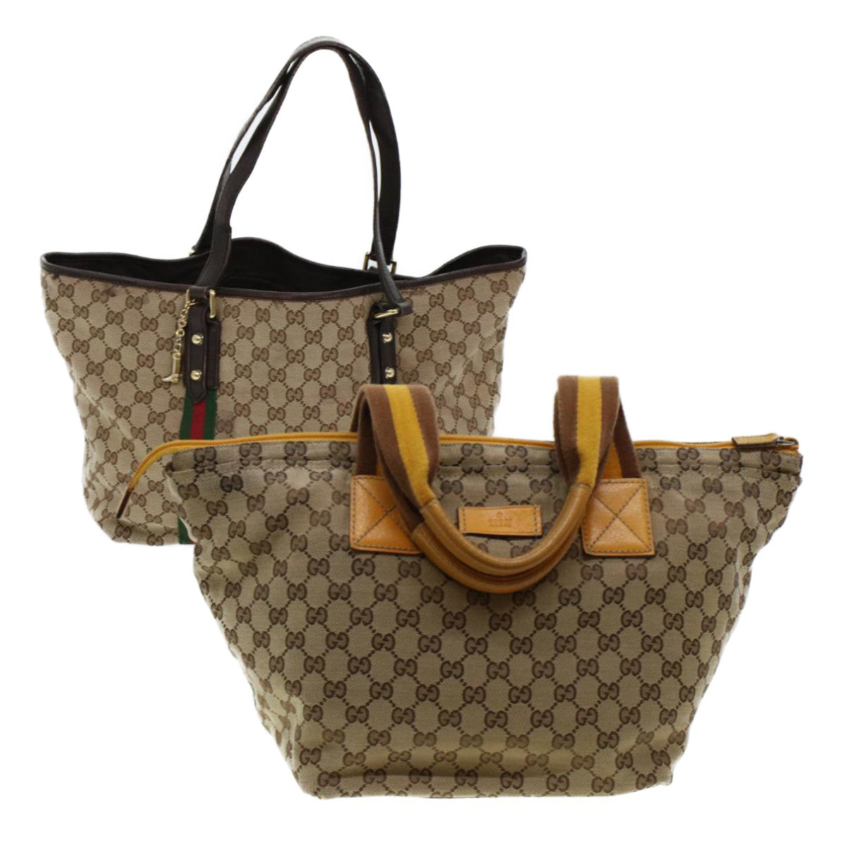 GUCCI GG Canvas Web Sherry Line Hand Bag 2Set Beige Green Yellow rd5183