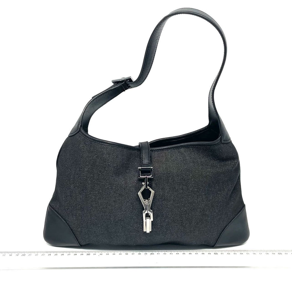 Gucci Jackie Vintage Medium Black Denim Leather Silver Hardware Shoulder Bag