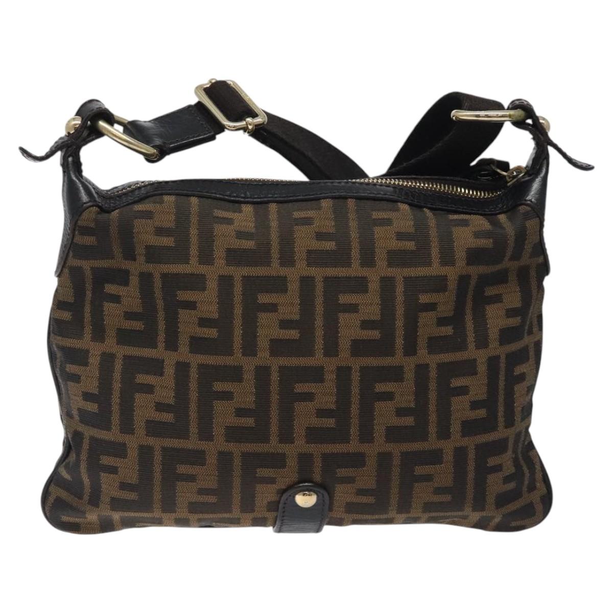 FENDI Zucca Canvas Shoulder Bag Black Brown gold sw462