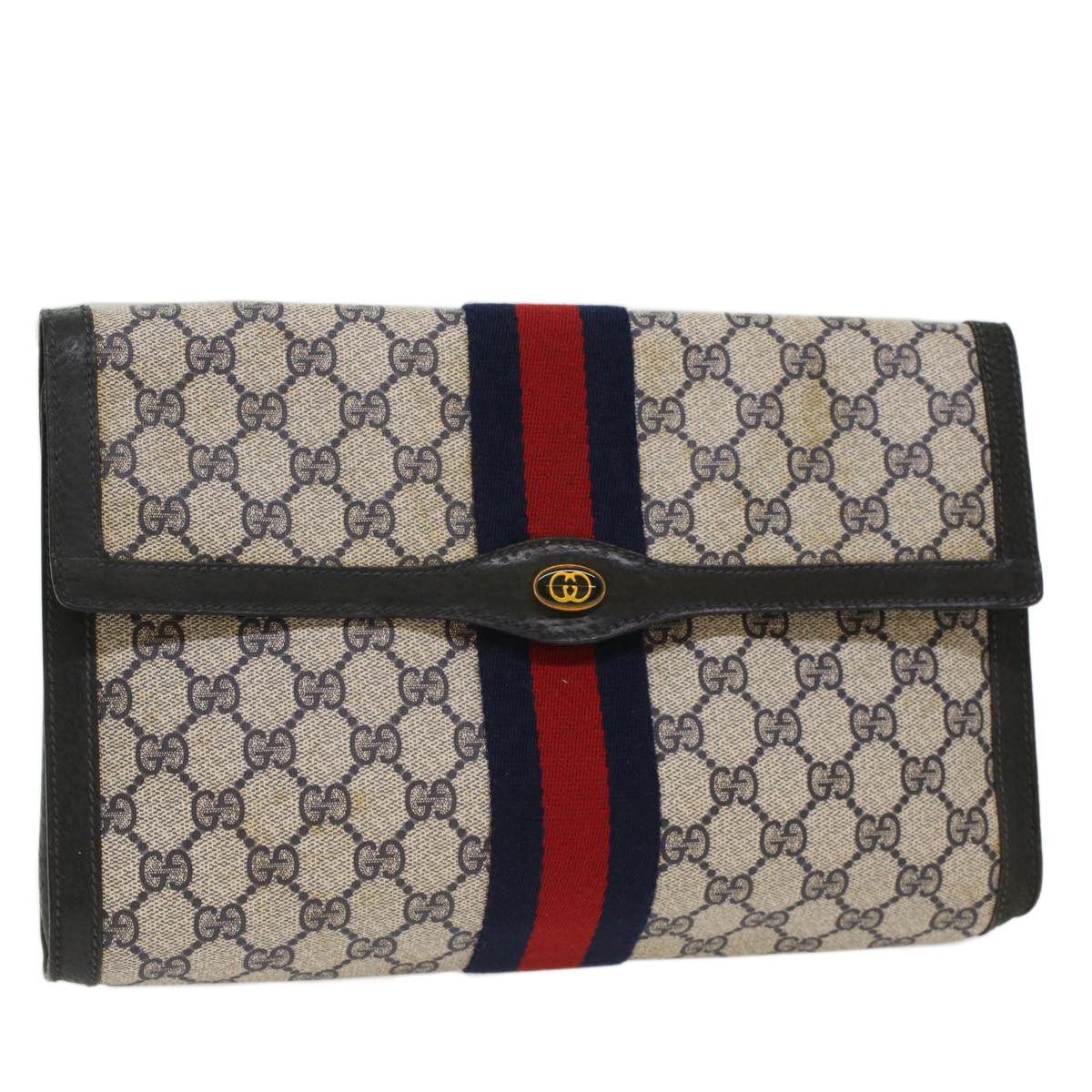 GUCCI GG Canvas Sherry Line Clutch Bag PVC Leather Red Navy gray th3865