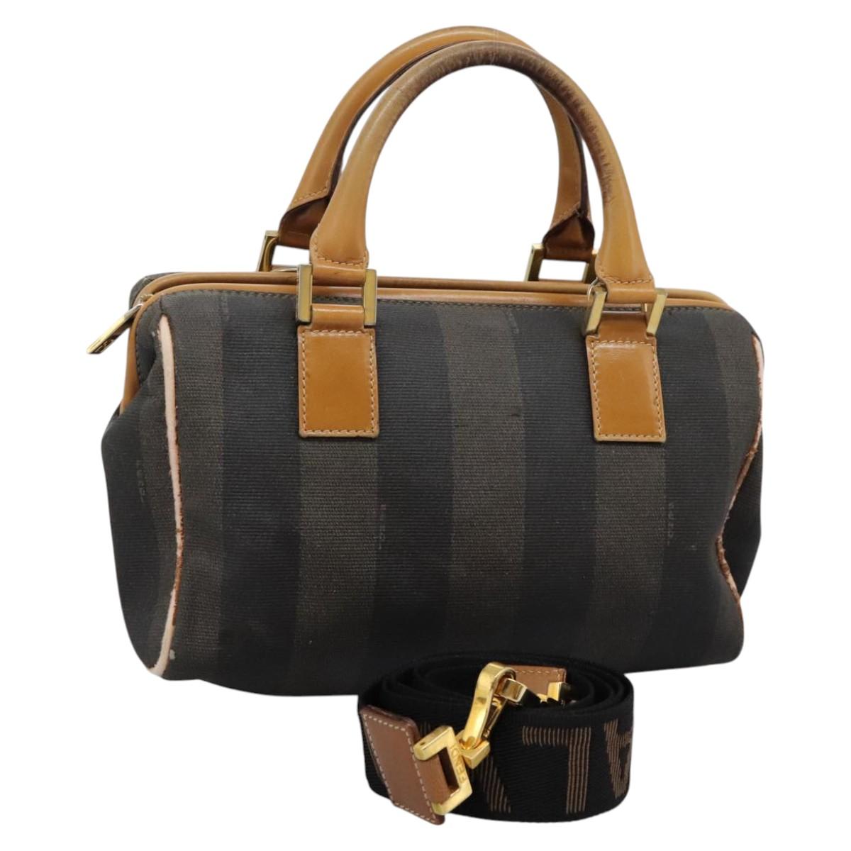 FENDI Pecan Canvas Hand Bag 2way Brown Black gold th5780