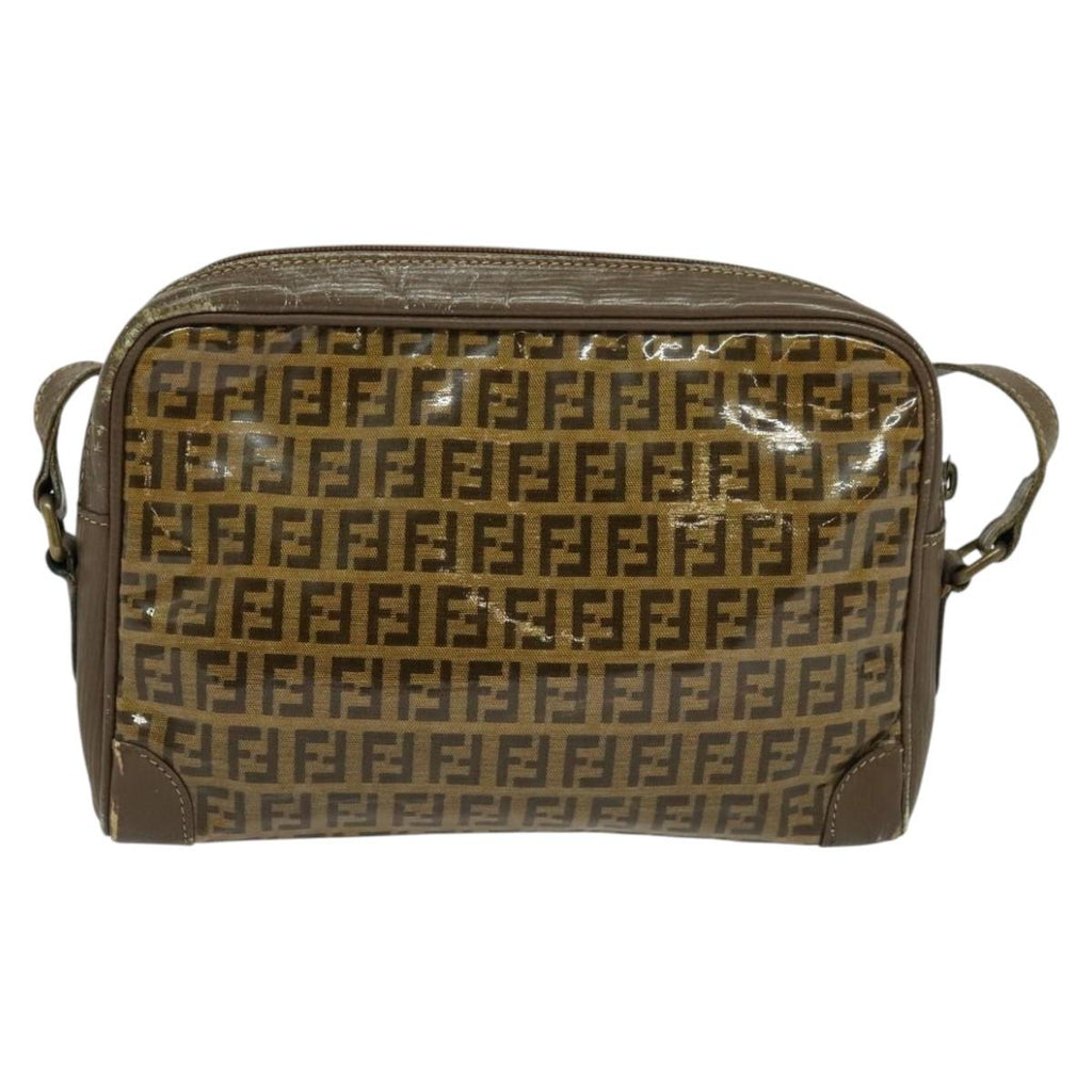 FENDI Zucchino Canvas Shoulder Bag Coated Canvas Brown Gold th5787