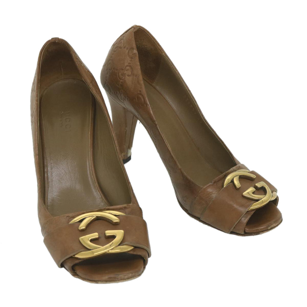 GUCCI Guccissima GG Canvas High Heels Leather 37 C Brown ti1349