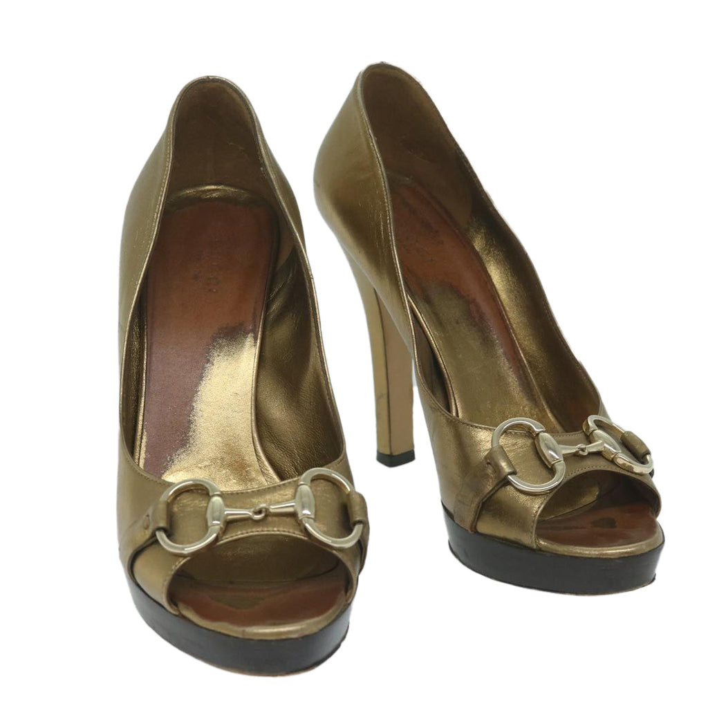 GUCCI High Heels Leather 37 Gold Tone ti1487