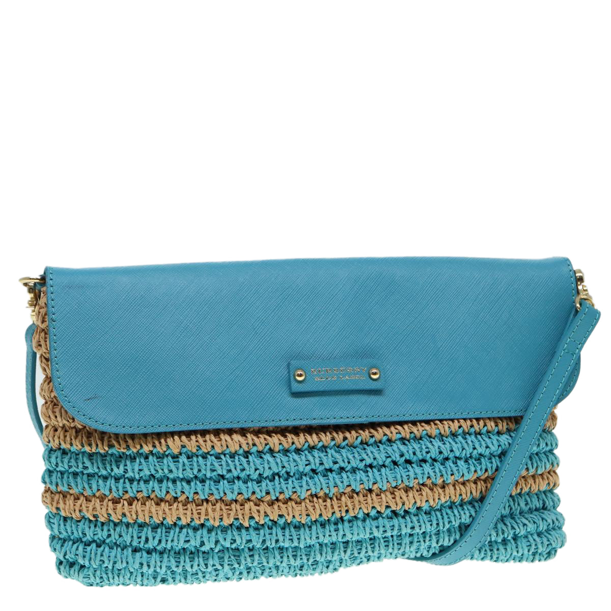 BURBERRY Blue Label Shoulder Bag Leather Straw Blue Beige gold ti2047
