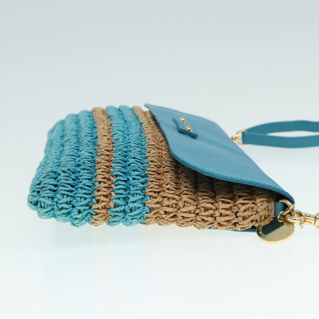 BURBERRY Blue Label Shoulder Bag Leather Straw Blue Beige gold ti2047