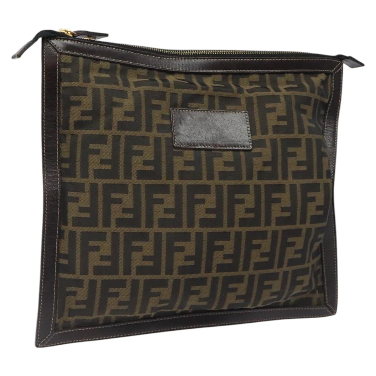 FENDI Zucca Canvas Clutch Bag Brown Black gold yk17958