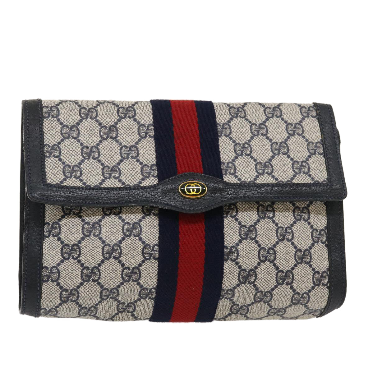 GUCCI GG Canvas Sherry Line Clutch Bag Navy Red yk4501