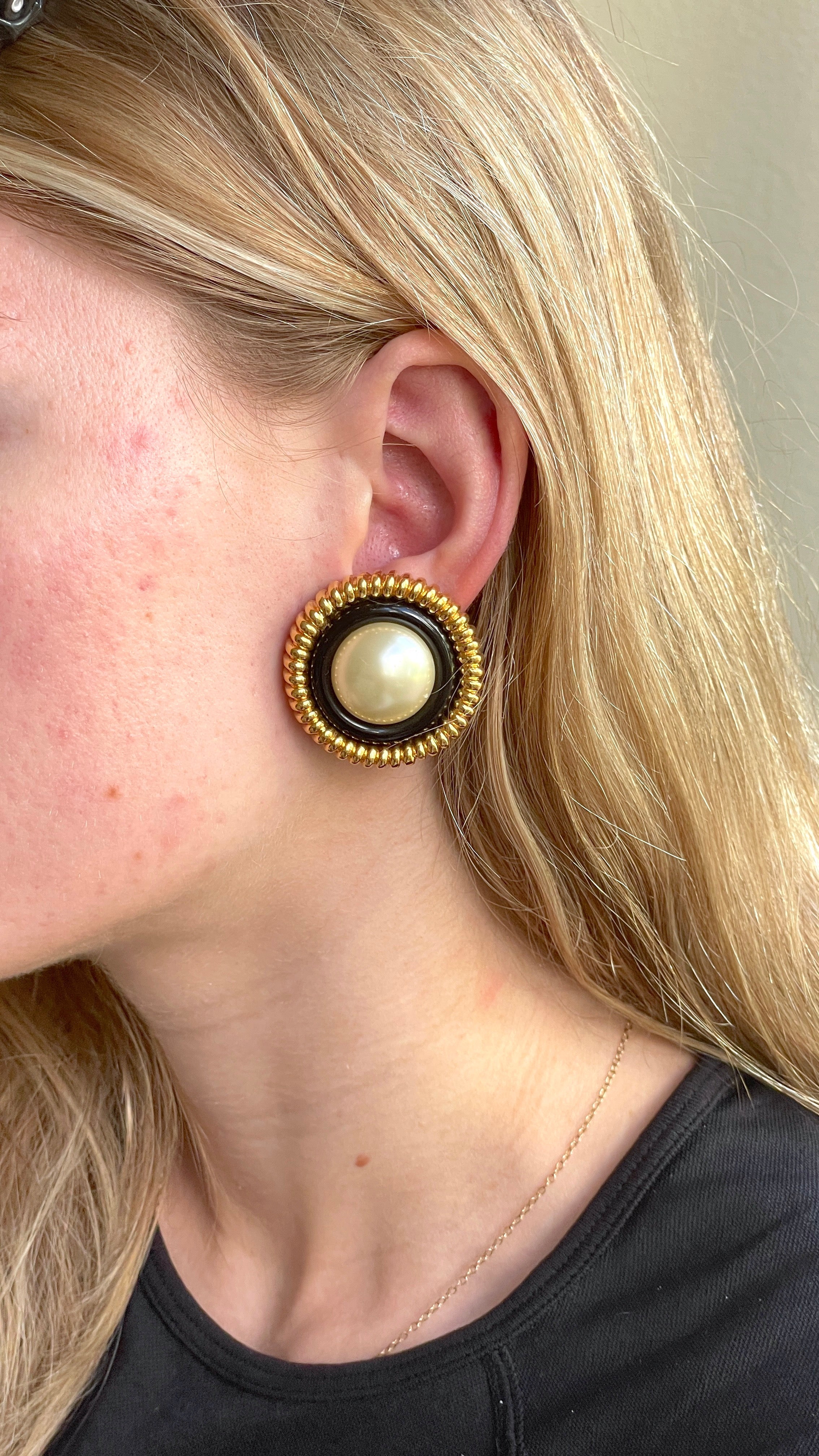 Chanel Vintage Collection 23 Large Pearl Black Gold Stud Earrings